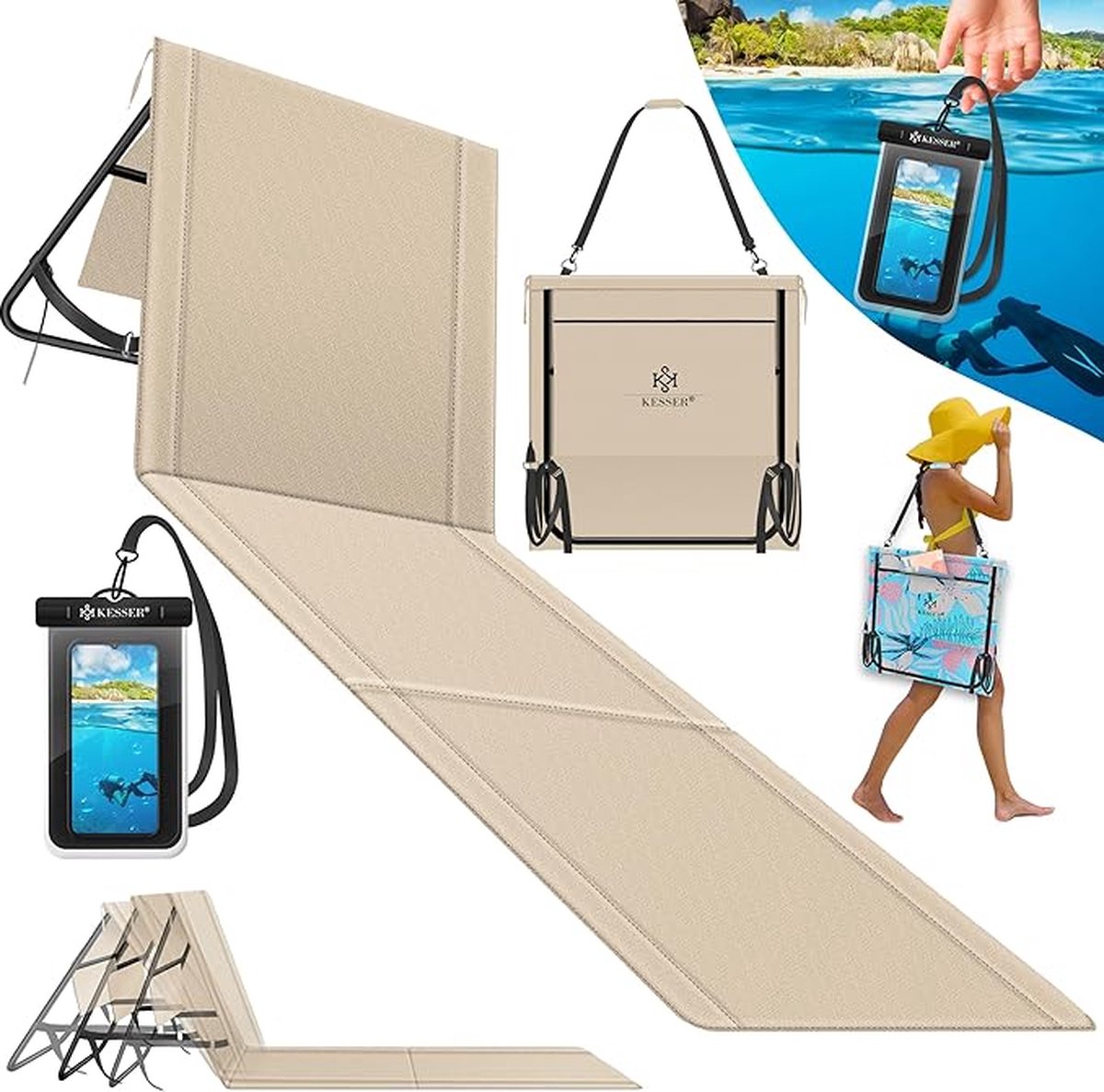 KESSER® STRANDMAT 2-DELIGE SET OPVOUWBAAR MET VERSTELBARE RUGLEUNING, STRAND LIGBED OPVOUWBAAR MET DRAAGRIEM, WATERDICHTE TELEFOONHOUDER & OPBERGTAS, ZONNENLIGBED VOOR STRAND EN TUIN, LIGMAT 130KG, BXHXT 53X40X180 CM, IN DE KLEUR BEIGE.