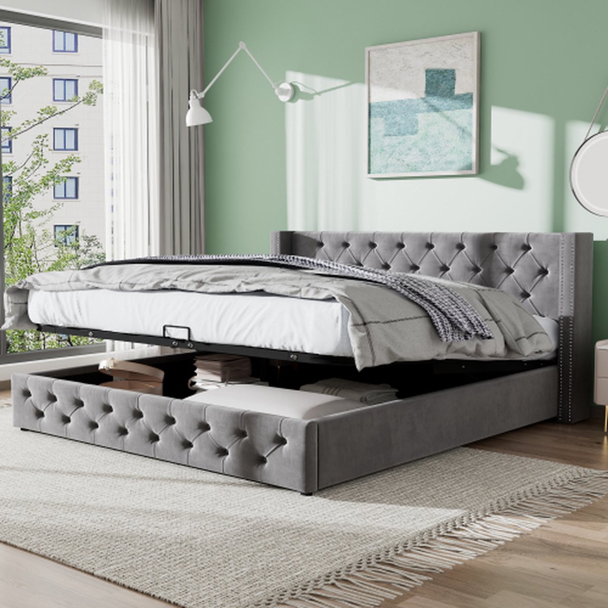 Gestoffeerd bed oorvorm Dubbele rij klinknagels flanel, knoopsnaden hoofd- en voeteneinde, tweepersoonsbed 140*200 Hydraulisch functioneel bed Bedbodem is bekleed met vuilafstotend zwart vlies, grijs