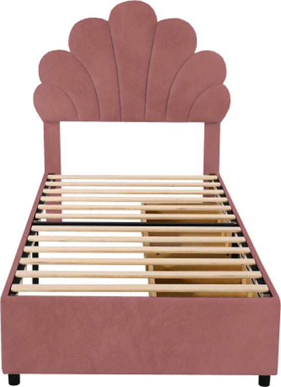 Gestoffeerd bed kinderbed 90 x 200 cm, roze fluweel, met gebloemd