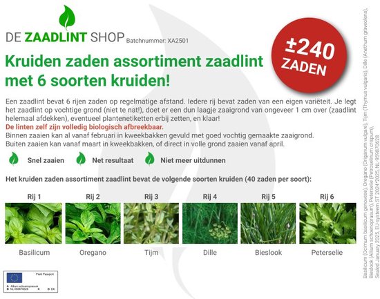 Kruiden zaden assortiment zaadlint (basilicum zaden, oregano zaden, tijm zaden, dille zaden, bieslook zaden, peterselie zaden)