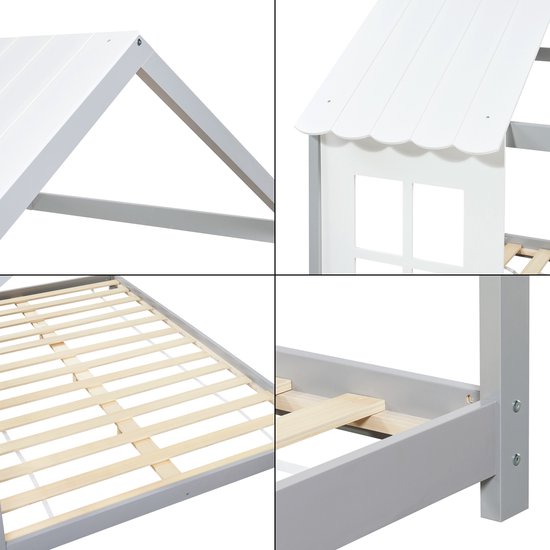 Lit enfant Tostedt lit cabane pin gris et blanc 140x200 cm [en.casa]