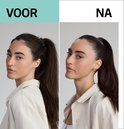 Vóór en ná foto van een vrouw met donker haar in een paardenstaart, links vóór gebruik, rechts na gebruik van Taft.