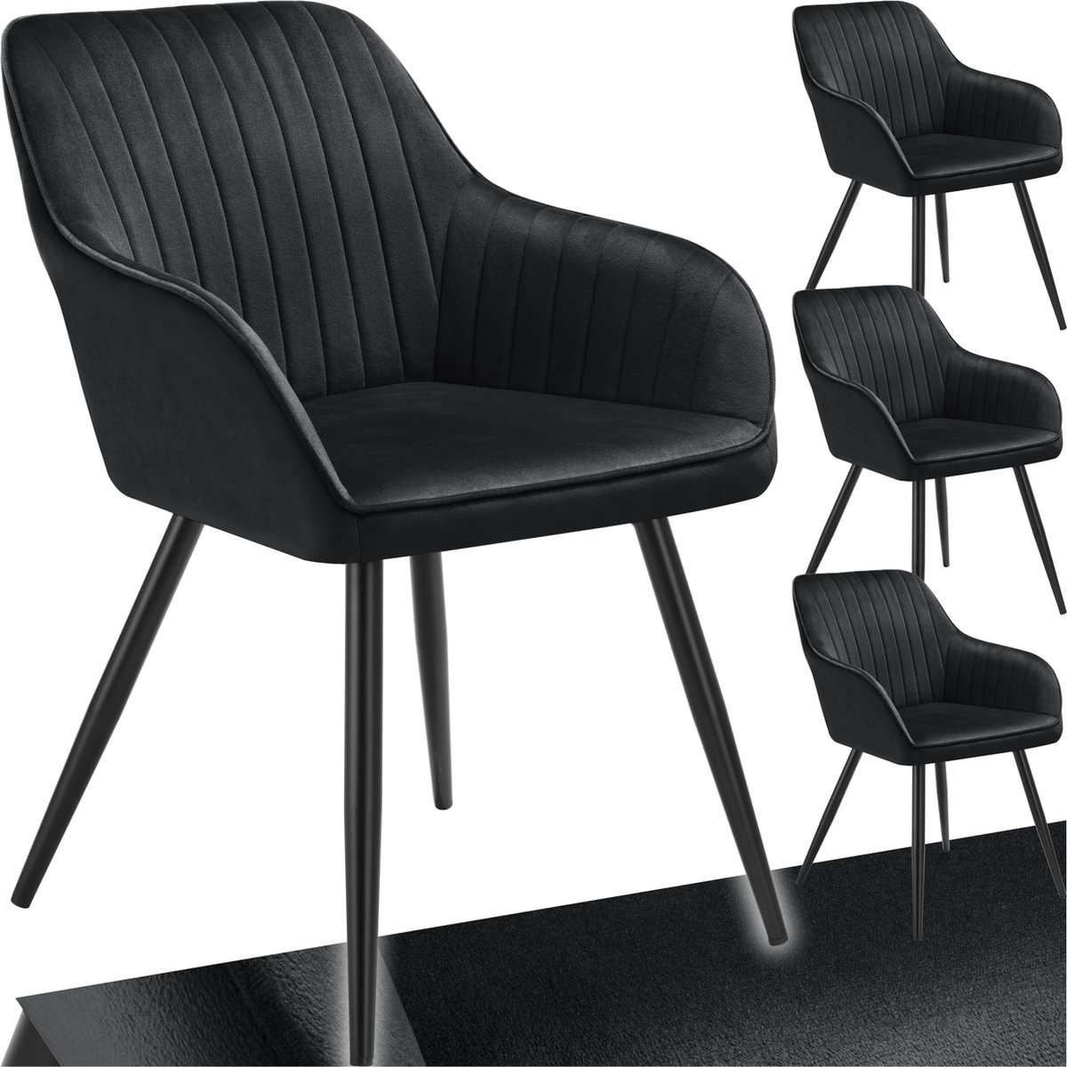 Tectake Fluwelen Eetkamerstoelen met Gestikt Patroon - Set van 4 - Eetkamerstoel in Fluweelstof - Moderne Stoel - Keukenstoel - Zwart/zwart