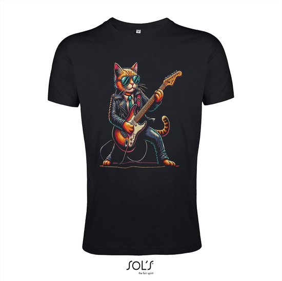 T-Shirt 1-169 Chat Joue de la Guitare Zwart - Zwart, xL