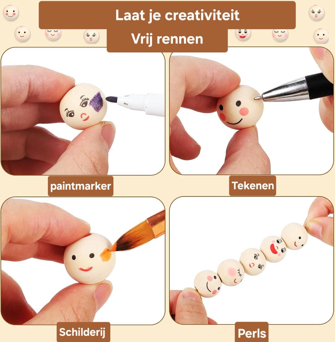 Houten Kralen met Gezichtje 150 Stuks – 20mm DIY Kralenset – Knutselen Kinderen & Volwassenen – Sieraden Maken, Speenkoorden & Decoratie — afbeelding 7