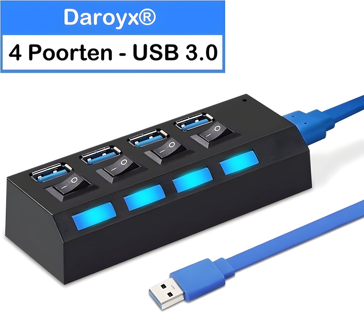 Daroyx® DXU3X4Pro 3.0 USB Hub - USB Splitter - 4 USB 3.0 poorten met Aan/Uit Schakelaar en Led Indicator