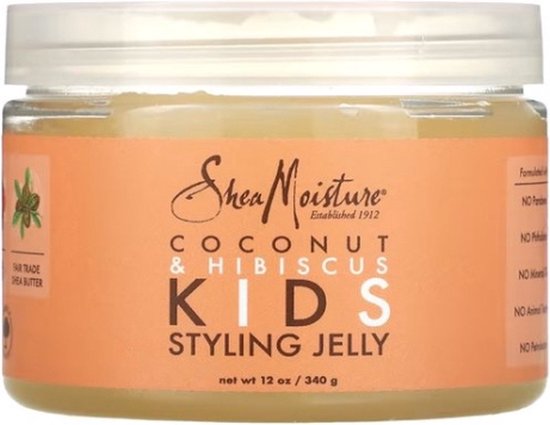 Shea Moisture Coconut & Hibiscus Kids Styling Jelly, 340g pot met oranje etiket.