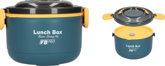 Lunchbox - Vershouddoos - RVS vershoudbakjes - Lucht- en waterdicht - Voor warm en koud eten - Inhoud van 1L - Groot formaat - Met deksels en lepel! - Blauw/Geel