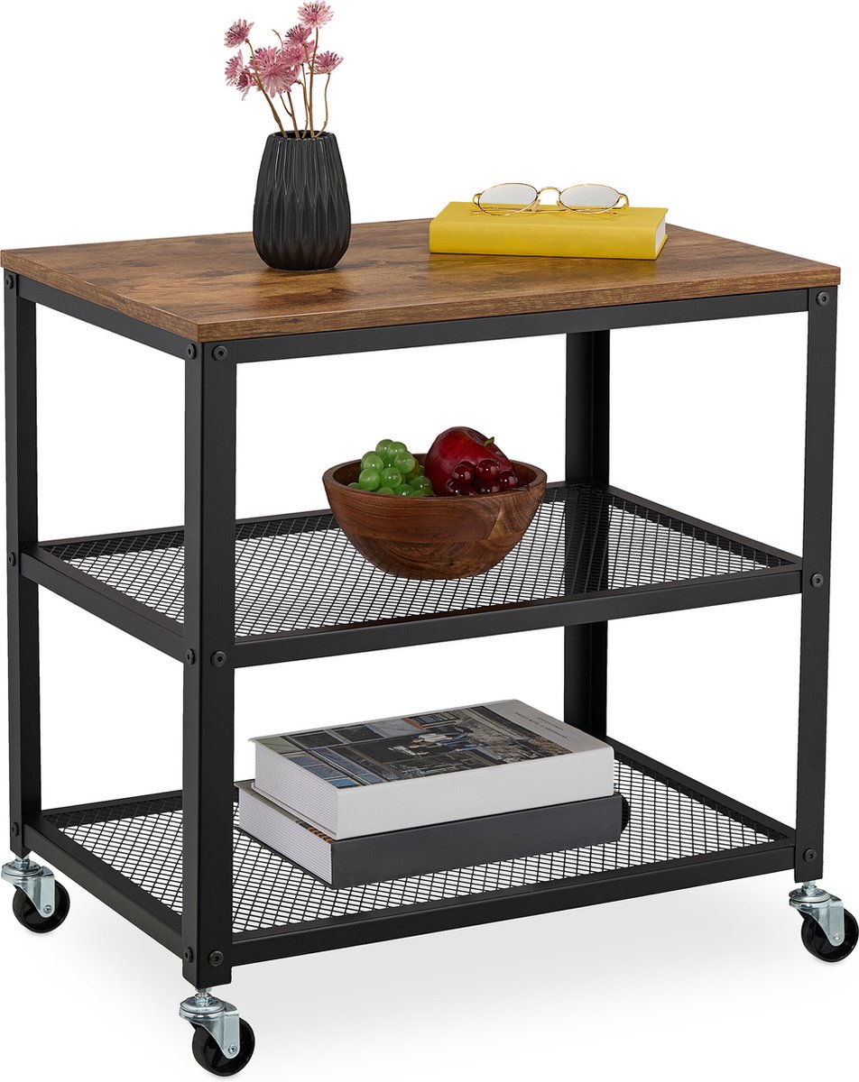 roltafel keuken - op wieltjes - industrieel - 61x60x40 cm - serveerwagen - zwart-bruin