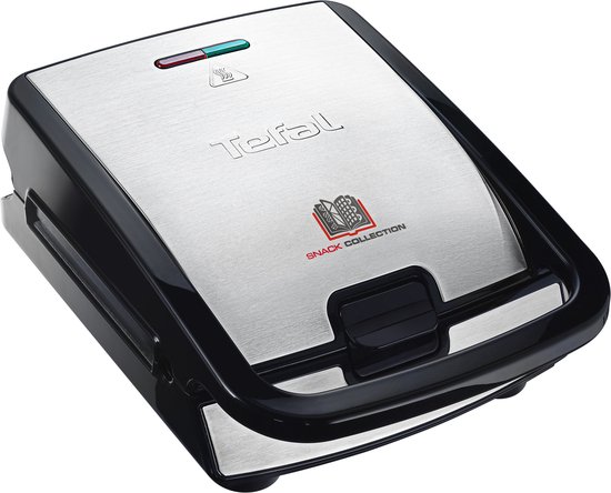 Zilverkleurig Tefal snackapparaat met zwarte accenten en indicatielampjes.