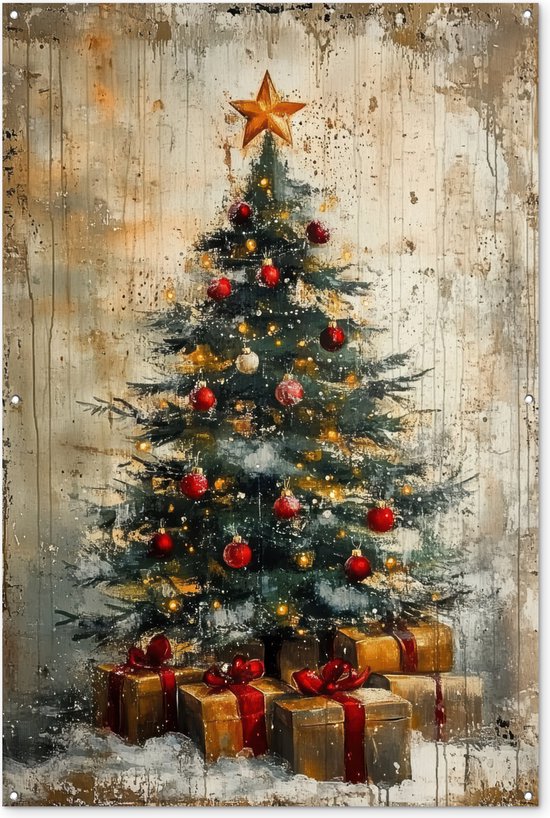 Tuinposter 120x180 cm - Tuindecoratie Kerstboom - Vintage - Kerst - Cadeau - Poster voor in de tuin - Buiten decoratie - Schutting tuinschilderij - Tuindoek muurdecoratie - Wanddecoratie balkondoek - Kerstversiering - Christmas tree decorations