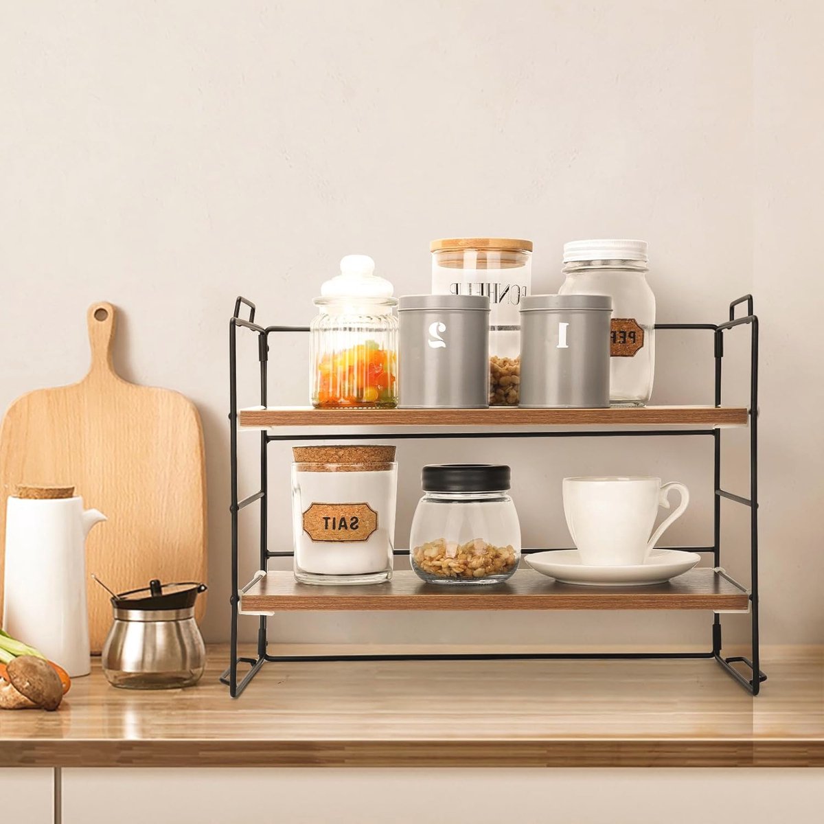 Bureaurek met 1/2 niveaus, open opbergrek, kleine boekenkast, bureau- organizer voor slaapkamer, kantoor, thuis, houten en metalen frame
