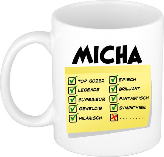 Bellatio Decorations Naam mok Micha - wit - top gozer - keramiek - 300 ml - cadeau collega beker