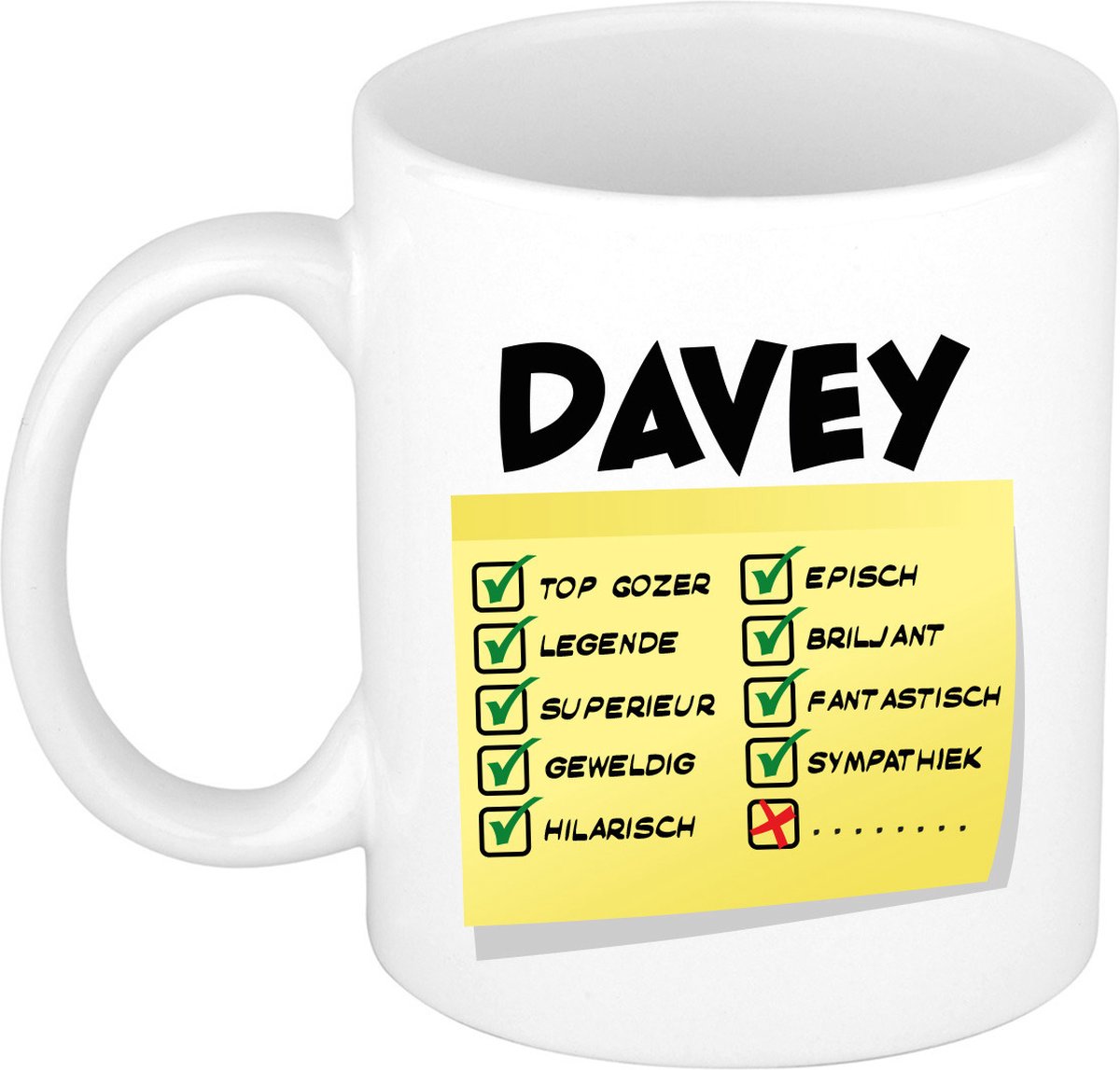 Bellatio Decorations Naam mok Davey - wit - top gozer - keramiek - 300 ml - cadeau collega beker