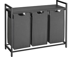 VASAGLE Wasmand 3 compartimenten, wasverzamelaar met plank, wasbox, Oxford-stof verwijderbaar metalen frame, 3 x 38 L, 92,5 x 33 x 72 cm, zwart-grijs BLH301G01