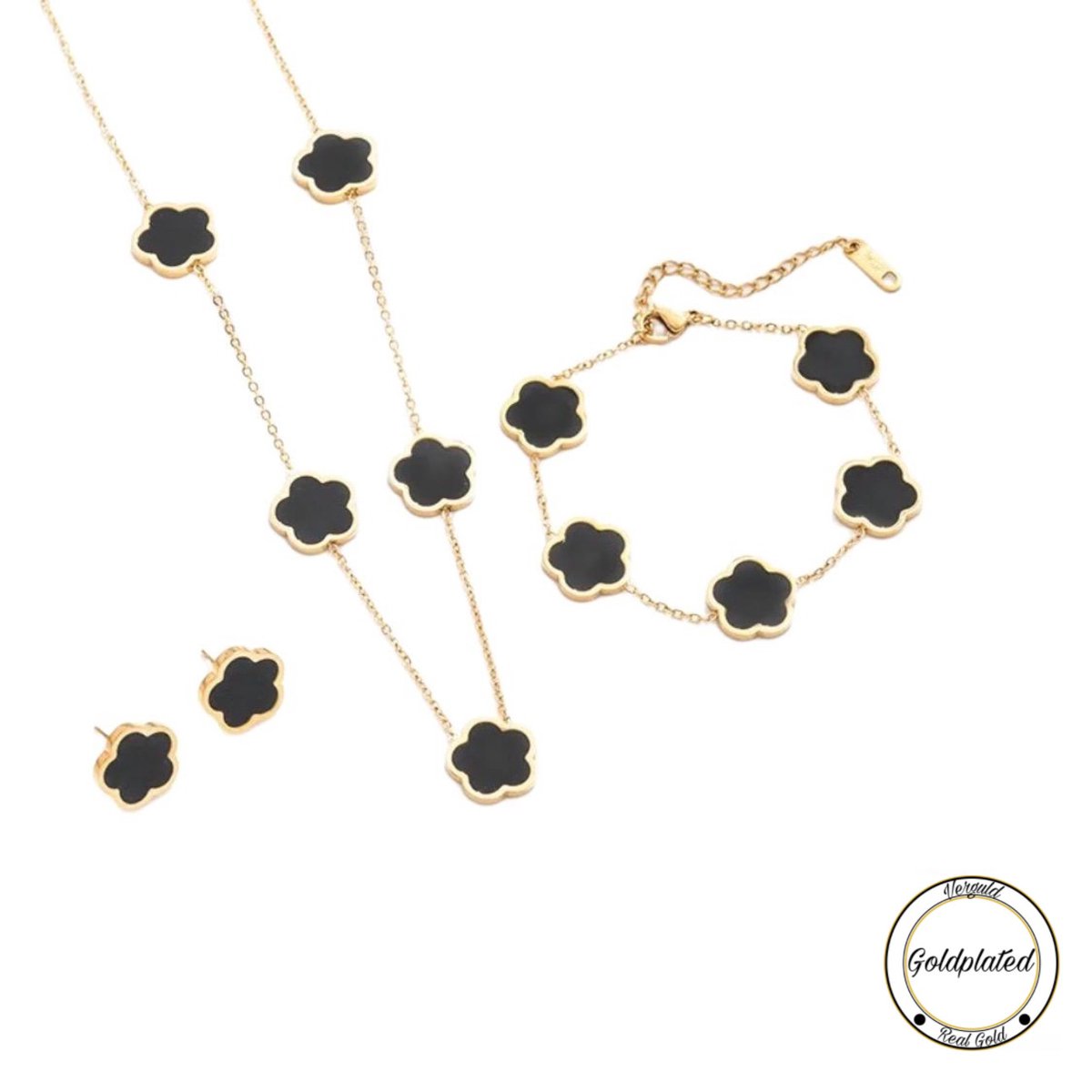 Soraro Klaver Ketting,Armband&Oorbel Set | Goldplated | Zwart | Armband | Klavertje 5 | Geluk | Ketting | Oorbel | Dames Cadeau