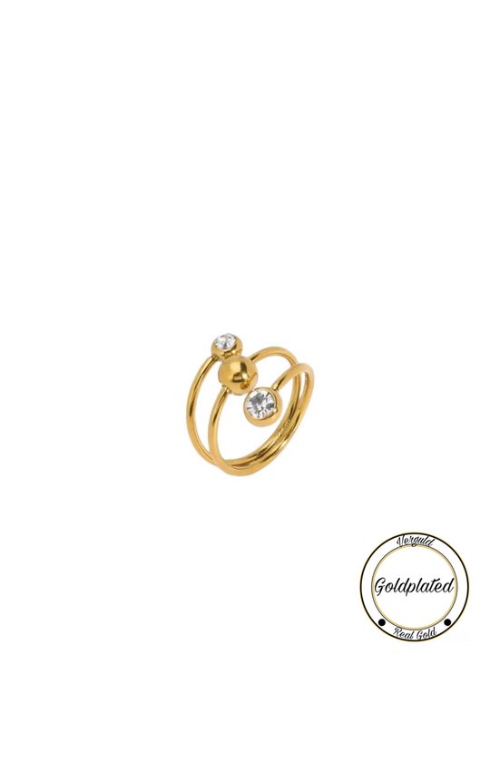 Gouden klemring met balletje en zirkonia, met keurmerk 'Goldplated' en 'Real Gold'.