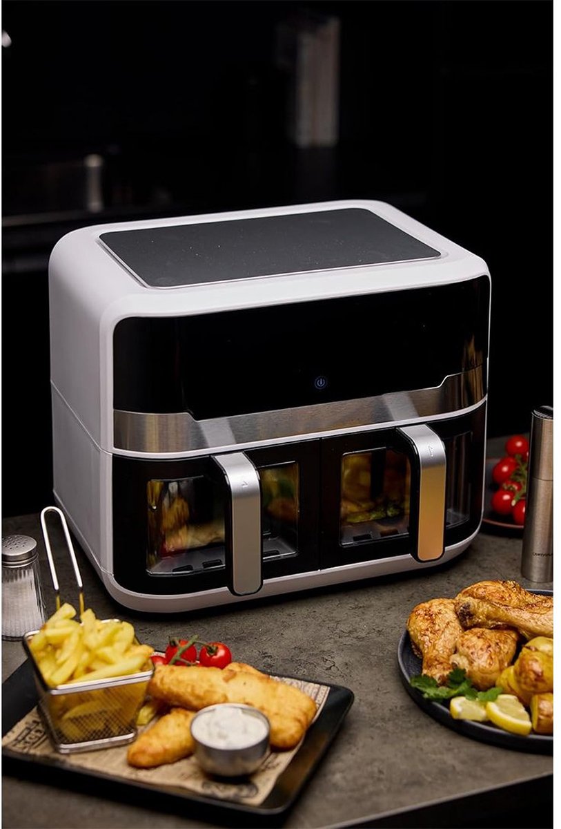 Afbeelding 3 van White-label® Dubbele Airfryer XXXL - Duo Heteluchtfriteuse - Geschikt voor Accessoires - 9L - Zilver
