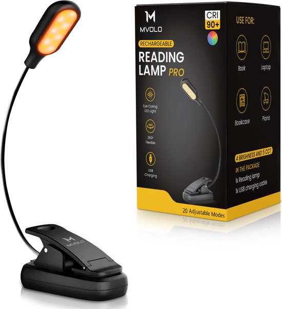 Lampe de lecture Mvolo® avec pince - Lampe de lecture pour livre - Lampe de lecture sans lumière bleue - Veilleuse dimmable - Lumière ambrée - Mélatonine - Sommeil