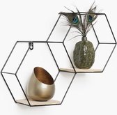 Etagère murale industrielle en métal Zwart avec 2 étagères en bois - Double hexagonale - 30,5x41 cm