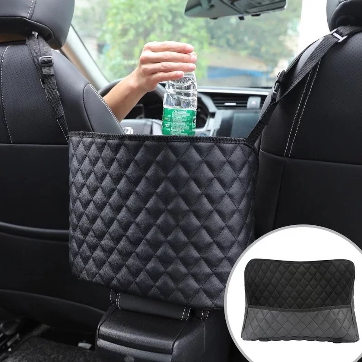 Luxe leren opbergtas, plaatsing tussen de autostoelen