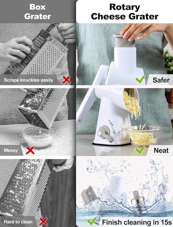 Kaasrasp met zwengel, groenteschaaf met 3 verwisselbare trommelmessen, rasp keuken, snel snijden, groentesnijder, ideaal voor kaas (rood
