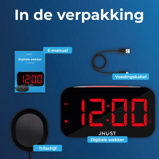 Inhoud van de verpakking: digitale wekker, trilschijf, voedingskabel en e-manual.