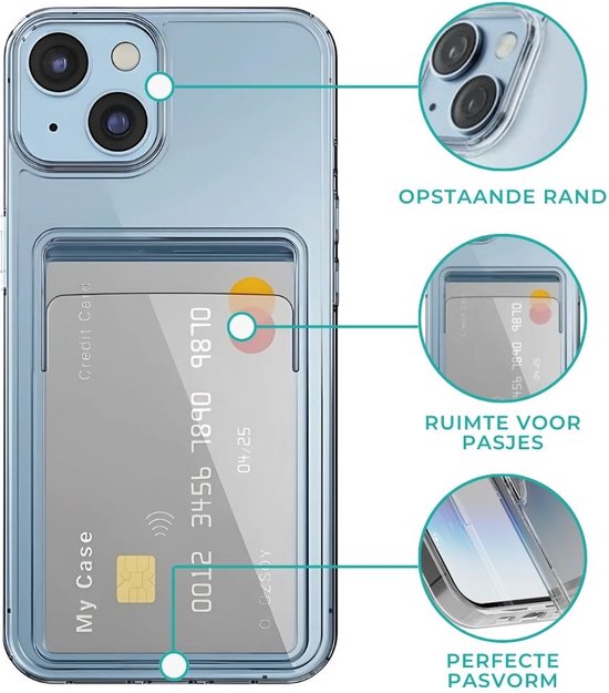 Transparante hoes voor iPhone met 'opstaande rand', ruimte voor pasjes en 'perfecte pasvorm'.