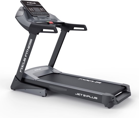 Donkergrijze Focus Fitness Jet 9 iPlus loopband met zwart carbonprint loopvlak en console.