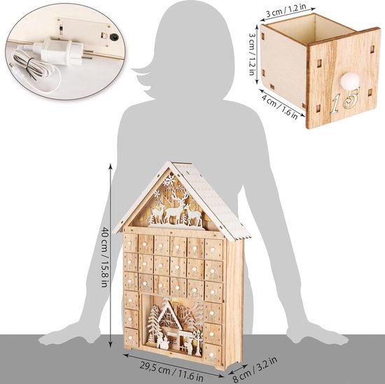 HOMCOM Adventskalender Met 24 Vakken Op Te Vullen Kerstkalender Met LED Verlichting Adventskalenderbox~13q8q5jvq2o01