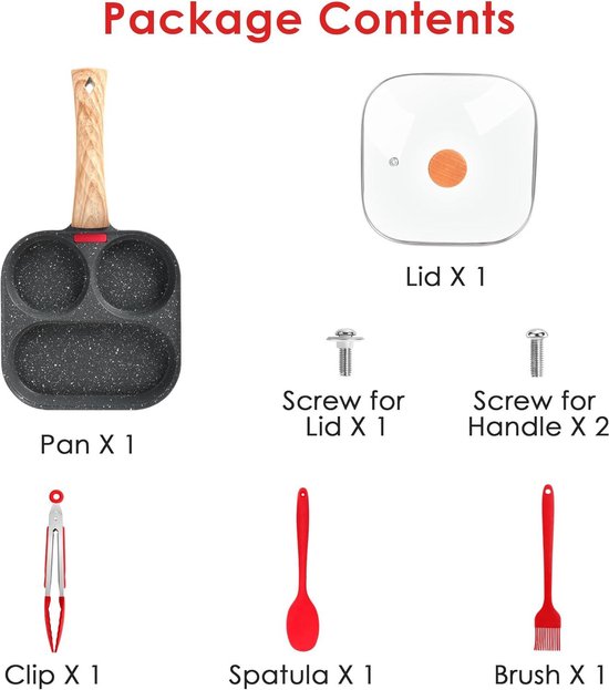 Grijze pan met antiaanbaklaag, deksel, schroeven, tang, spatel en borstel.