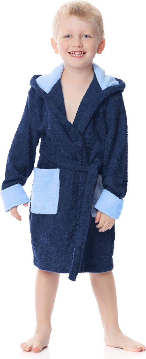 Ladeheid Kinderen Badjas met Capuchon - Wasmachine bestendig - Katoen - Badstof - LA-LA40-103-DG - Navyblau/Blau (D12/M9) - 122-128