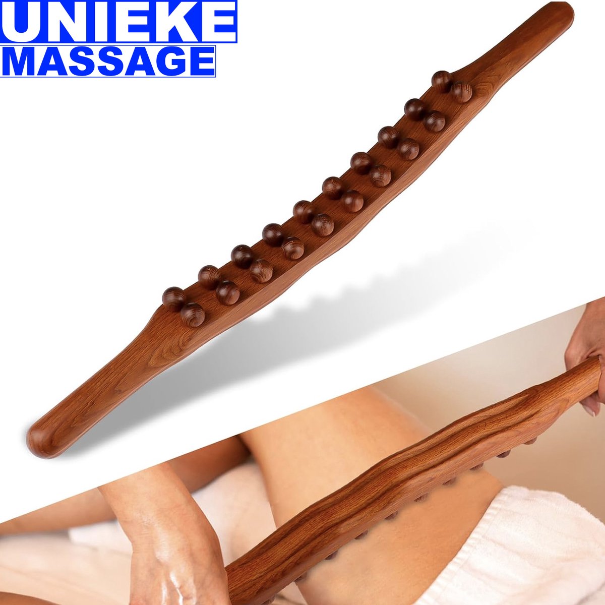 Afbeelding 3 van RugMassage - Massage Apparaat - Bodyflow - Rug/Nek/Schouder/Buik/Taille/Armen/Benen - Massage Stok Hout - Houten Massage Stok - Massage Stok Hout XL - 20 Massage Ballen - Gua Sha Massage Tool - 1 Stuk - Bruin Hout - Gua Sha Massage Stick