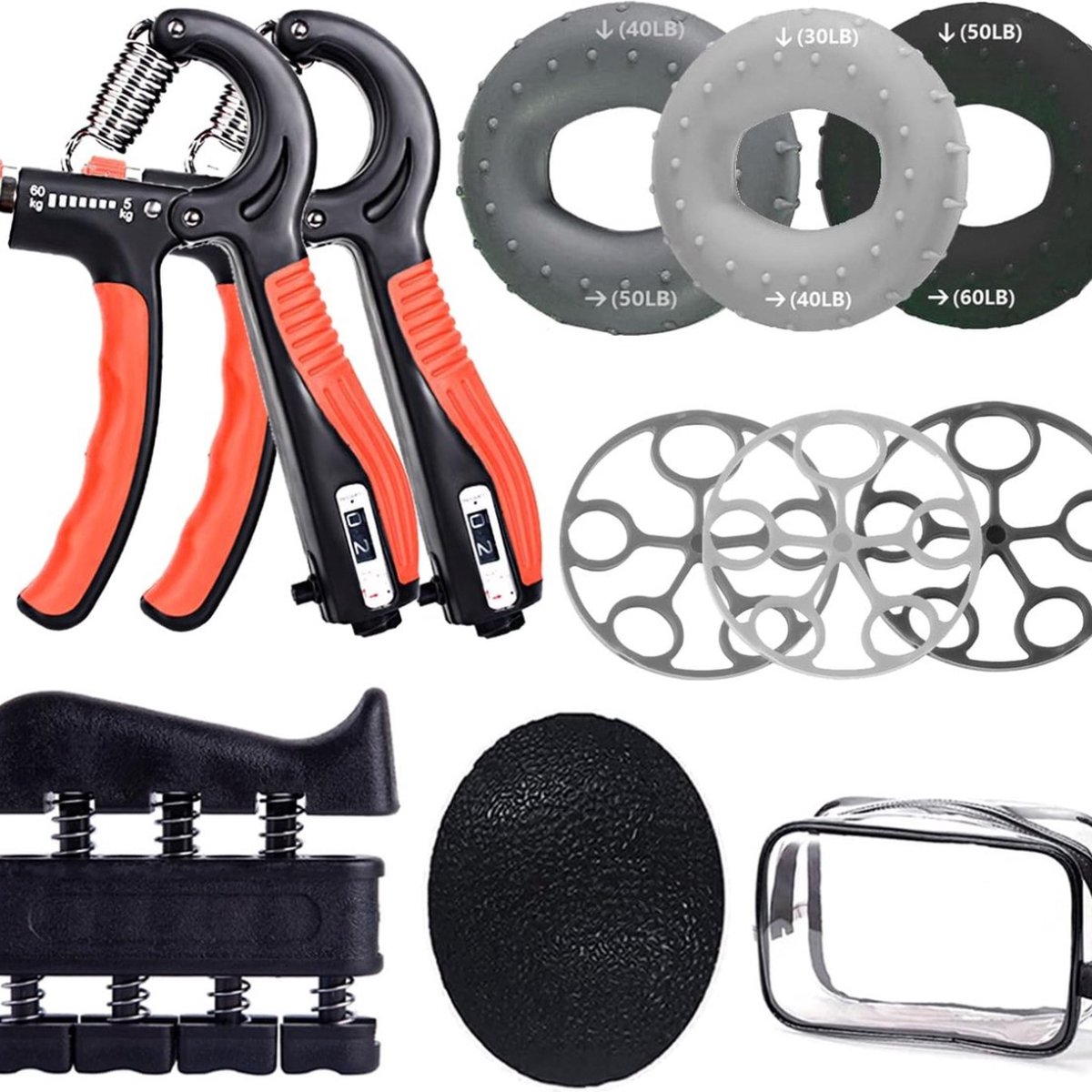 Handtrainerset, set van 10 vingertrainers, vingertrainers in paar met teller, vingerstrekker, handgreepversterker, ontspanningsbal, opbergtas, trainingsset voor fitnesskracht
