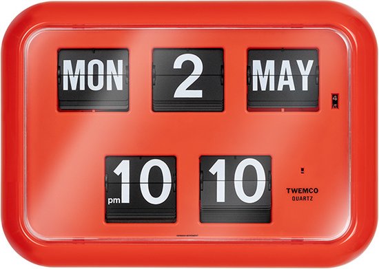 Twemco QD-35 - Flipklok - Rood - Flip Klok - Engelse Datum - 12-uurs tijdsaanduiding (AM/ PM) - Retro Klok - Wandklok - Tafelklok - Datumklok - Klok Met Datum - Klok Met Dag - Kalenderklok - Digitale Tijdsaanduiding - Wandklok Woonkamer