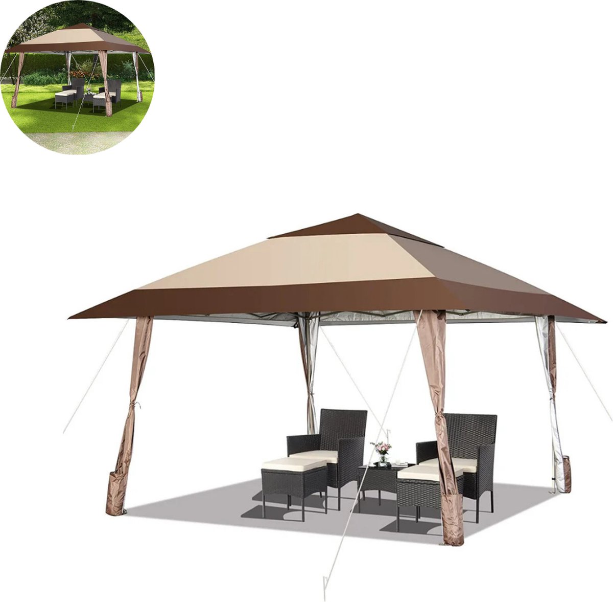 Partytent opvouwbaar - 4 x 4 m - Paviljoen - Easy up - Waterdicht - Weerbestendig - Bruin