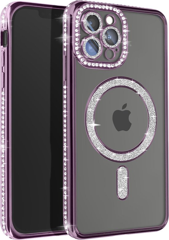 Avizar Diamond hoesje Geschikt voor Apple iPhone 12 Pro Max bescherming MagSafe Omtrek Strass, Paars