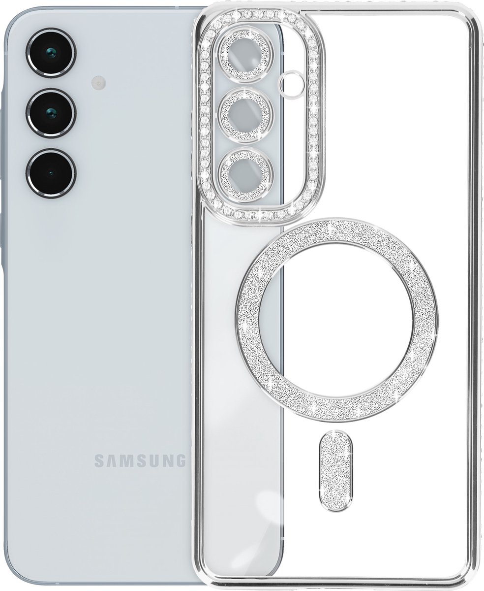 Avizar Diamond hoesje Geschikt voor Samsung Galaxy A35 MagSafe Omtrek Strass, Zilveren