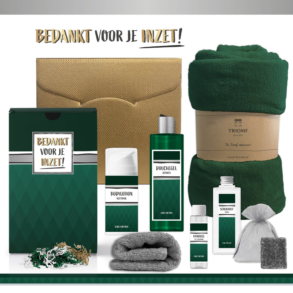 Goedkoopste Geschenkset “Bedankt voor je inzet!” - 7 producten - 1410 gram | Luxe Kerst Cadeaubox voor hem - Wellness Pakket man - Giftset Fijne feestdagen - Cadeaupakket Prettige Kerstdagen - Kerstcadeau - Kerstpakket Cadeau - Relatiegeschenk - Goud - Groen
