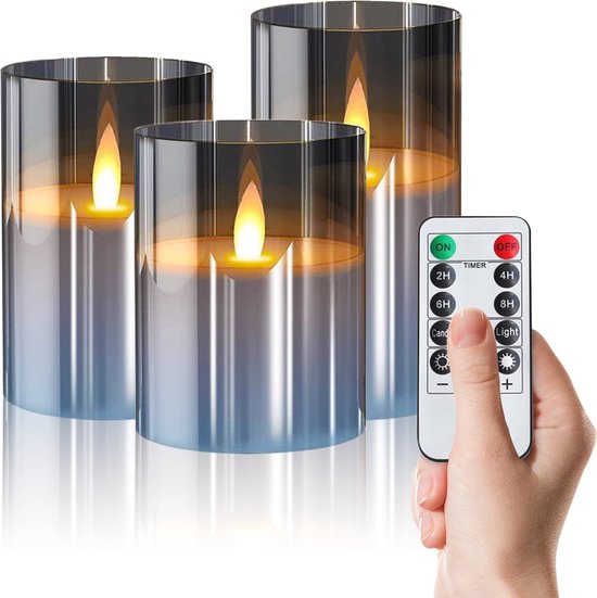 YONO LED Kaarsen à Flamme Mobile - Avec Télécommande avec Minuterie et Fonction de Gradation - 3 Pièces - Verre Fumé