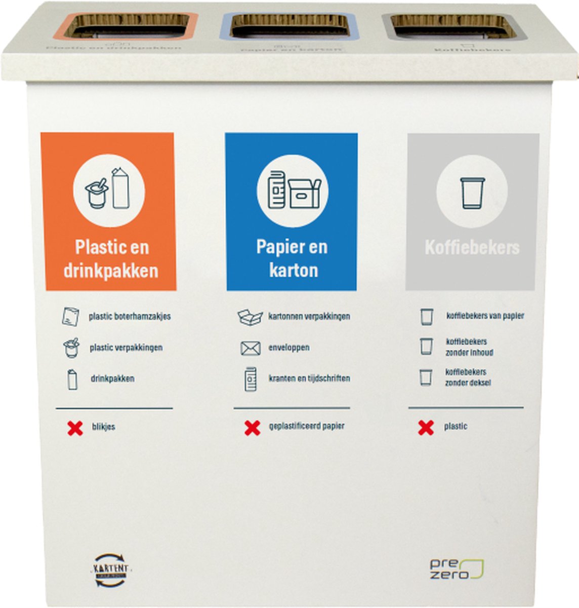 Goedkoopste Kartonnen eco bin drie vakken - Plastic/drinkpakken - Papier/Karton - Bekers - 60 L prullenbak | Andere bedrukking mogelijk - Kartent