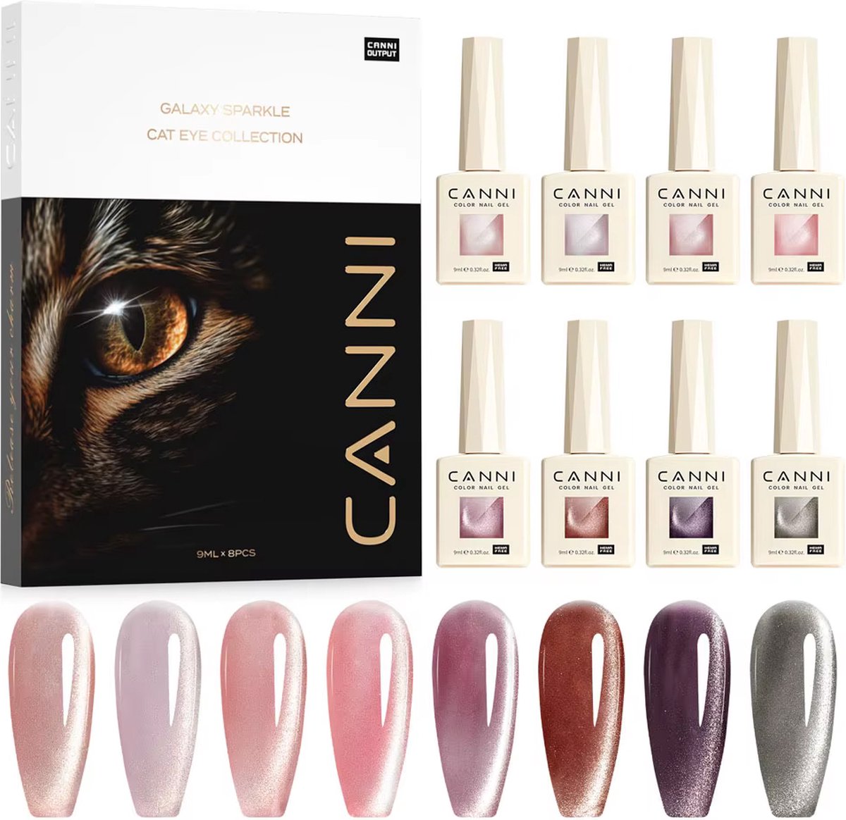 Canni® Magnetische Cat Eye Gellak set - Nail Art Pakket - 8 kleuren 9ml - Inclusief Magneet - Gel Nepnagels - Manicure Set
