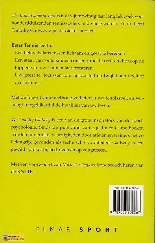 Achterkant van het boek Beter Tennis met de ISBN-code en uitgever Elmar Sport.
