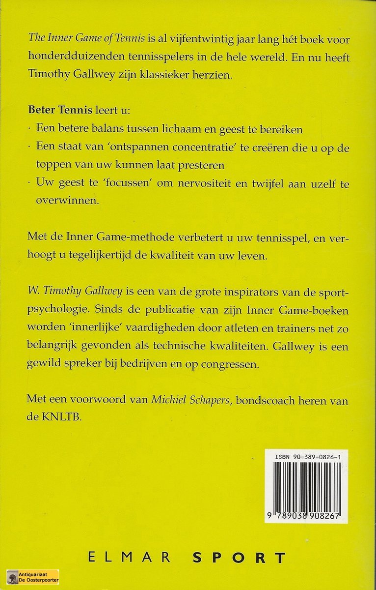 Achterkant van het boek Beter Tennis met de ISBN-code en uitgever Elmar Sport.