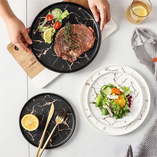 Ensemble de 2 assiettes en marbre de Luxe - Assiettes de service élégantes pour le dîner et le déjeuner - Design moderne et élégant - Zwart mat (Ø 25,2 cm et Ø 20 cm)