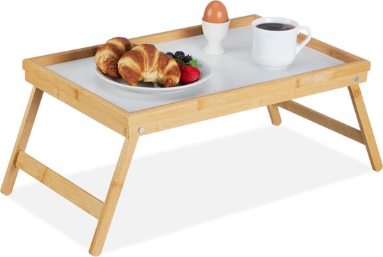 Navaris Bamboe Bed Dienblad - Opklapbaar Ontbijtblad Met Handgrepen, 55,5 X 26,7 X 35,3 Cm, Wit