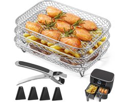 3 stuks gelaagde dehydrator rekken - Airfryer Rek - met clip en verhoogde voetjes - Dehydratorrek voor airfryer ove - Vierkante RVS Heteluchtfriteuse Accessoires - voor dubbele mand Airfryers