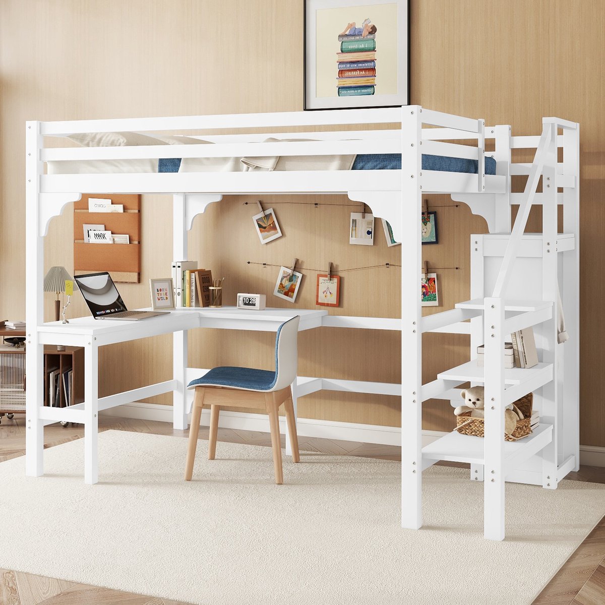 Sweiko Hoogslaper 140*200 cm, bureau, kleerkast, grenen, wit