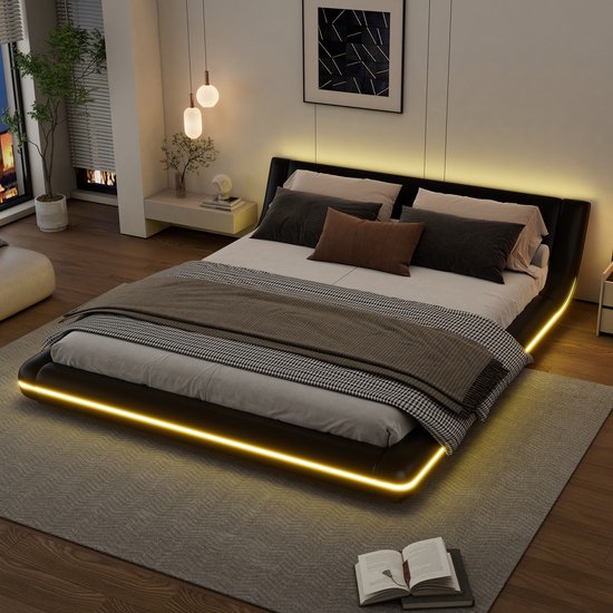 Lit double Sweiko 160*200 cm, éclairage LED, PU, ​​noir