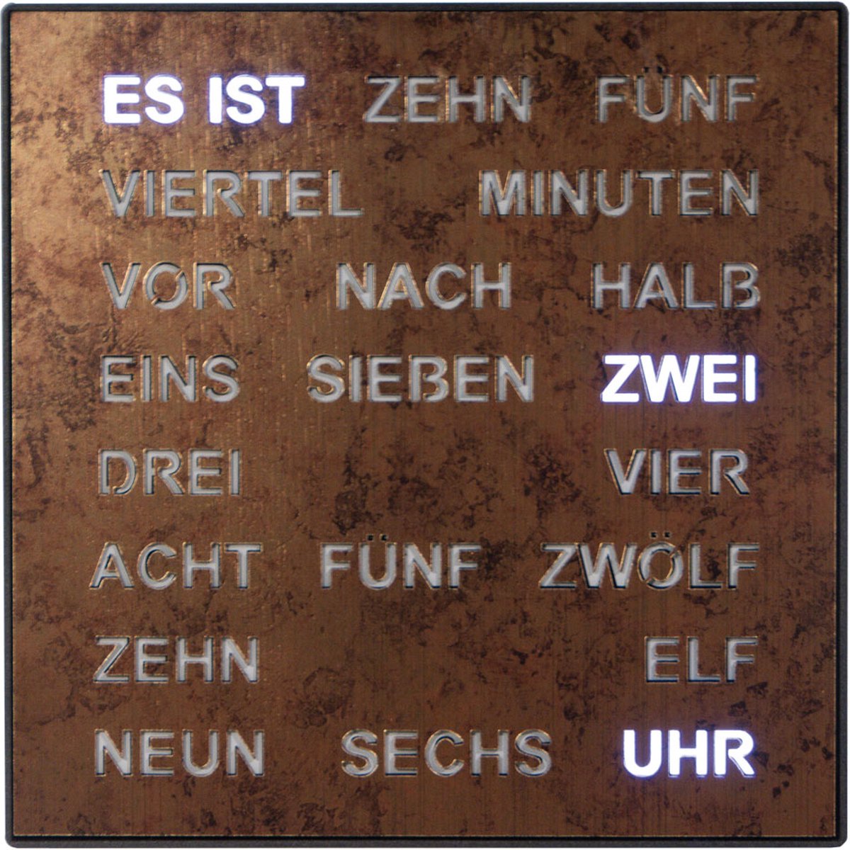 Intertime | Woordklok | Wandklok | Tafelklok | 28x28 | Epoxy brons | Duits